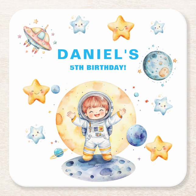 Astronaut Space-Themed Custom Birthday Party Square Paper Coaster (Front)