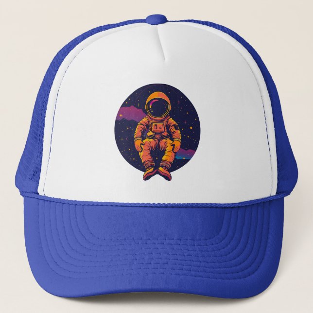 Astronaut Space Trucker Hat – Retro Cosmic Graphic (Front)