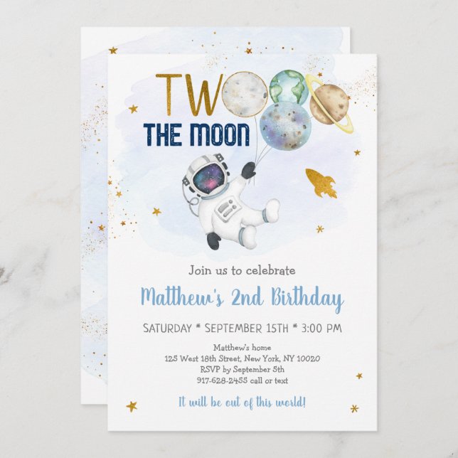 Astronaut Space Two The Moon Birthday Invitation (Front/Back)