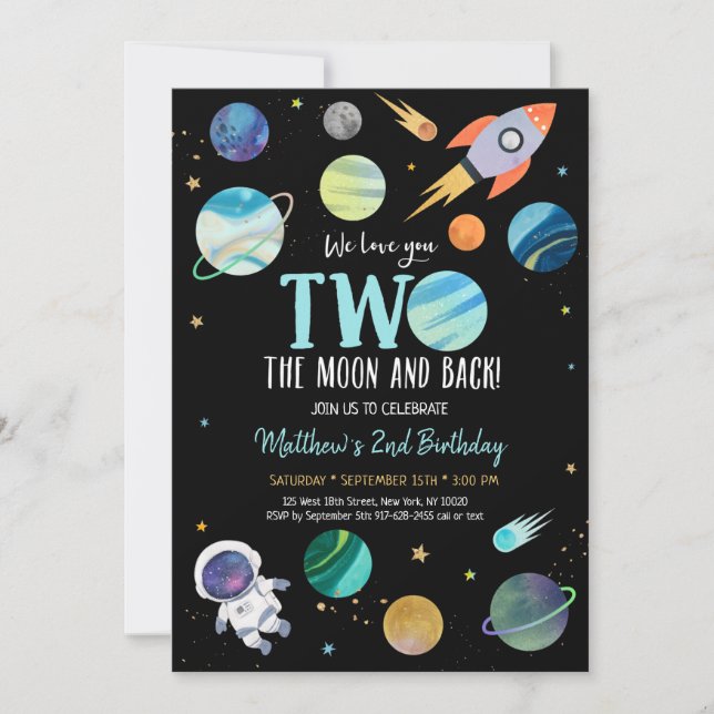 Astronaut Space Two The Moon Birthday Invitation (Front)
