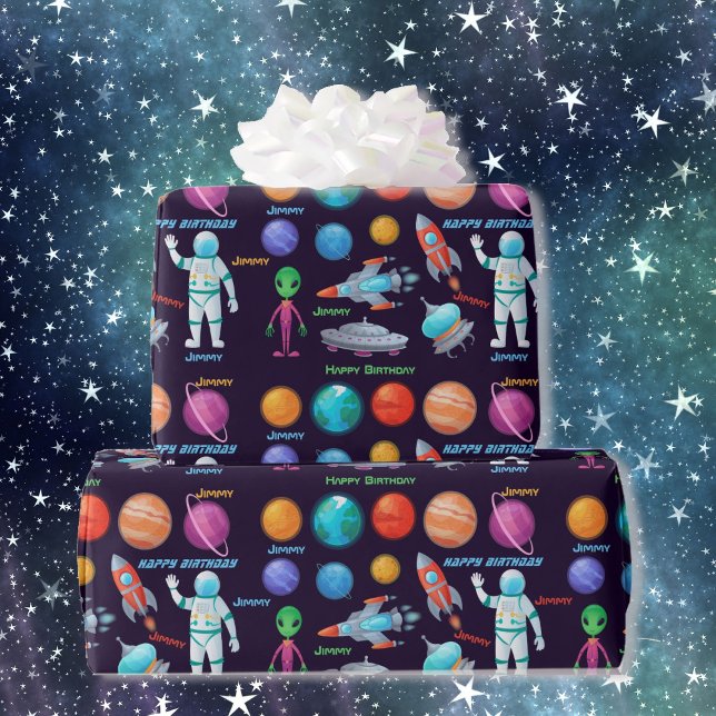 Astronaut Spaceship Rocket Add Name Birthday Party Wrapping Paper (Creator Uploaded)