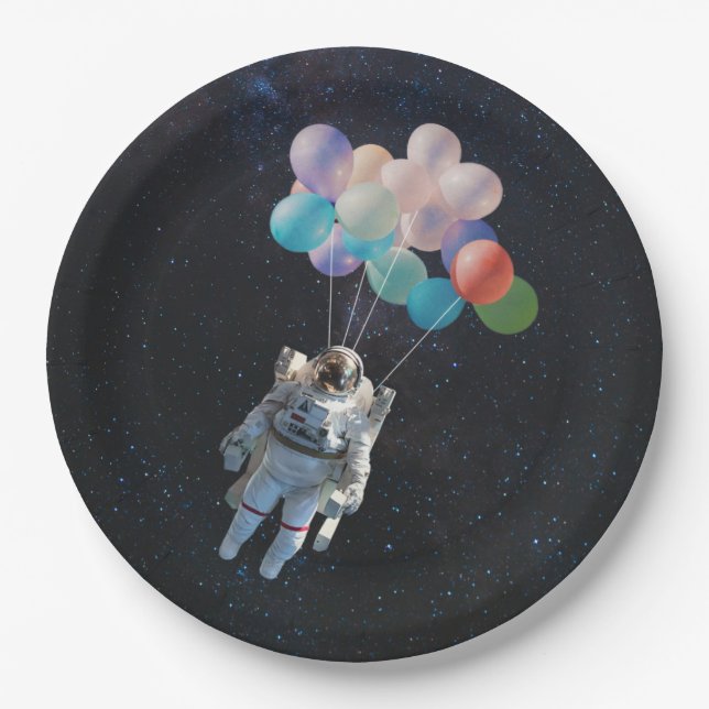 Astronaut Stars & Space Colourful Balloons Paper Plate (Front)