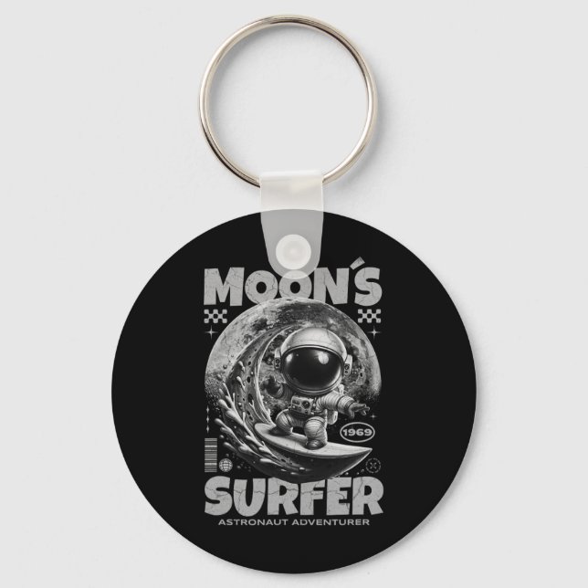 Astronaut Surfer Design, Moon Surfing Space Cosmic Key Ring (Front)