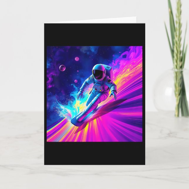 Astronaut Surfing Cosmic Rainbow Wave Graphic Desi Card (Front)