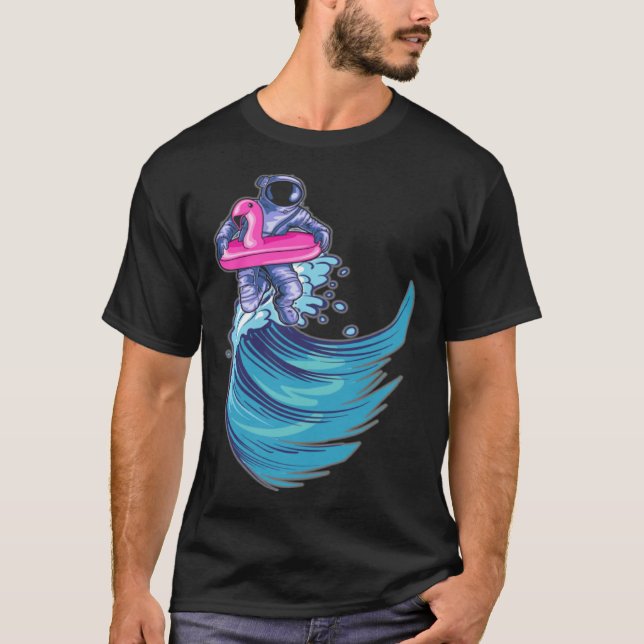 Astronaut Surfing Ocean Waves With Pink Flamingo F T-Shirt (Front)