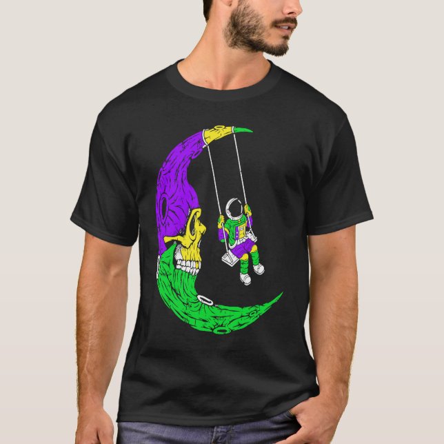 Astronaut Swinging On Moon Skull Mardi Gras Carniv T-Shirt (Front)
