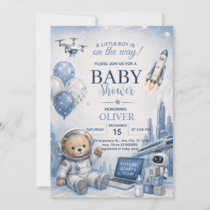 Astronaut Teddy Bear Boy Baby Shower Invitation