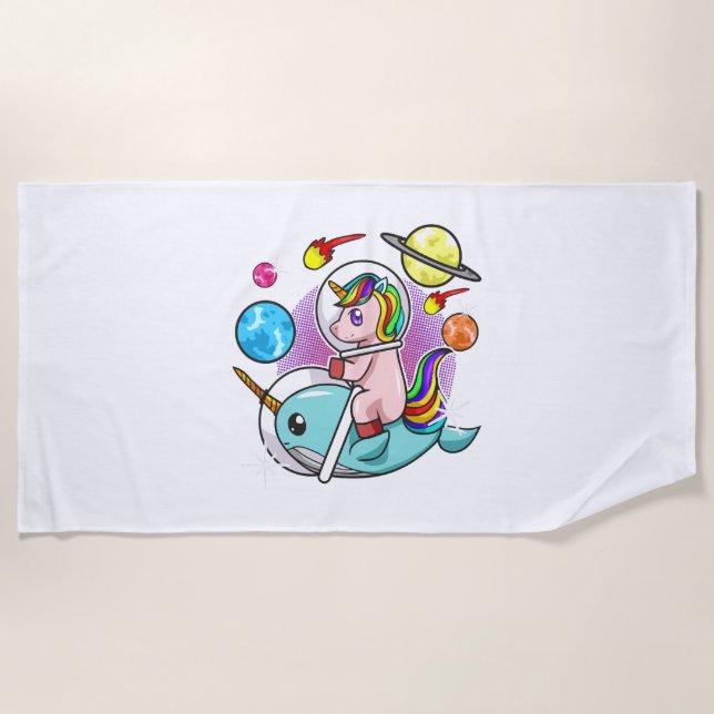 Astronaut Unicorn Riding Narwhal Space Universe Beach Towel (Front)