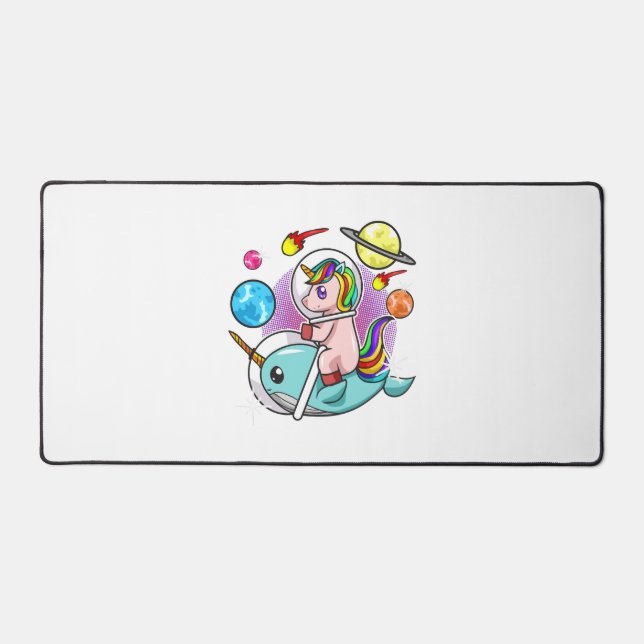 Astronaut Unicorn Riding Narwhal Space Universe Desk Mat (Front)