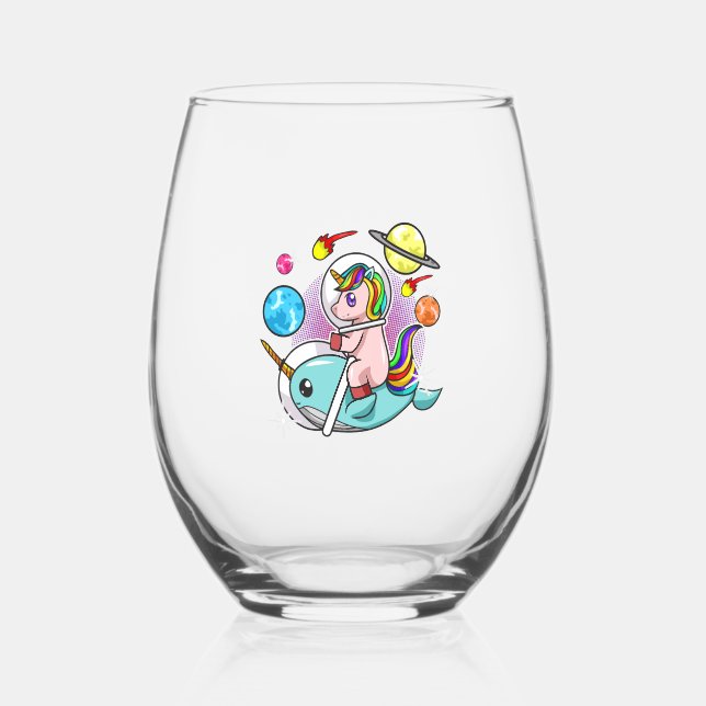 Astronaut Unicorn Riding Narwhal Space Universe Stemless Wine Glass (Front)