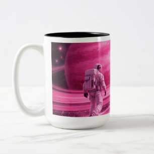 Astronaut Walking on Pink Rings Two-Tone Coffee Mug