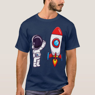 Astronaut Waving Hand to Rocket Cartoon T-Shirt