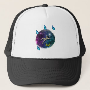 astronaut with butterfly trucker hat