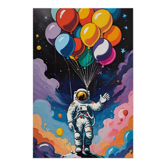 Astronaut with colourful balloons in space  poster (Front)