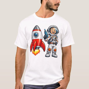 Astronaut with Rocket Cartoon Space Art T-Shirt