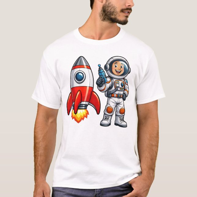 Astronaut with Rocket Cartoon Space Art T-Shirt (Front)