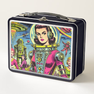 Astronaut Woman Vintage Sci-Fi Comics Metal Lunch Box