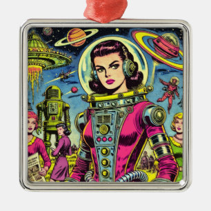 Astronaut Woman Vintage Sci-Fi Comics Metal Tree Decoration