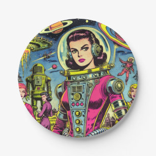 Astronaut Woman Vintage Sci-Fi Comics Paper Plate