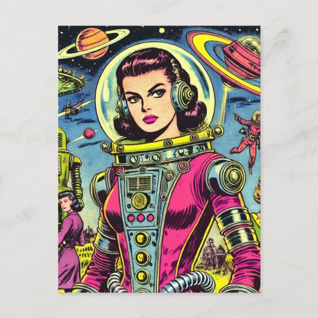 Astronaut Woman Vintage Sci-Fi Comics Postcard (Front)