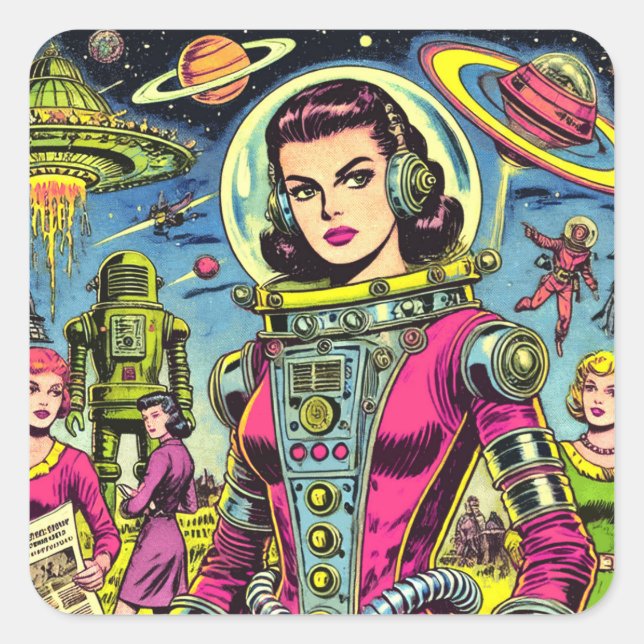 Astronaut Woman Vintage Sci-Fi Comics Square Sticker (Front)