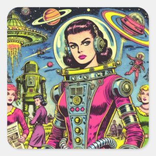 Astronaut Woman Vintage Sci-Fi Comics Square Sticker