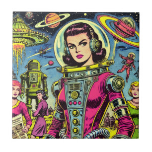 Astronaut Woman Vintage Sci-Fi Comics Tile
