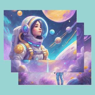 Astronaut Young Girl In Space Rockets Planets 3 Wrapping Paper Sheet