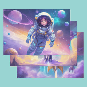 Astronaut Young Girl In Space Rockets Planets 3 Wrapping Paper Sheet
