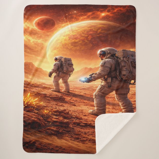 Astronauts Explore Orange Planet Sherpa Blanket (Front)
