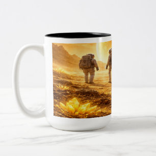 Astronauts explore yellow planet Two-Tone coffee mug