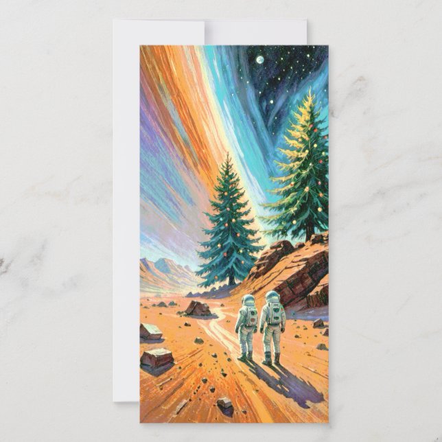 Astronauts Exploring Alien Landscape Holiday Card (Front)