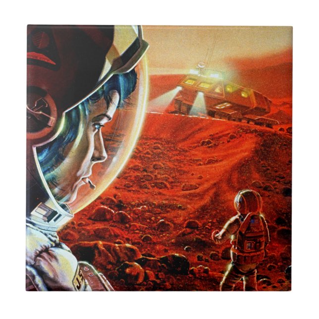 Astronauts on Mars in a Dust Storm - Retro Space  Tile (Front)