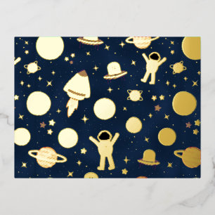Astronauts Planets Rockets and Aliens Foil Holiday Postcard
