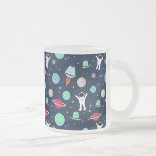 Astronauts Planets Rockets and Aliens Frosted Glass Coffee Mug
