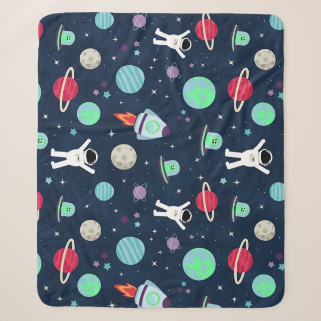 Astronauts Planets Rockets and Aliens Sherpa Blanket (Front)