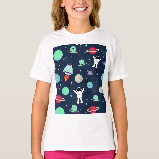 Astronauts Planets Rockets and Aliens T-Shirt (Front)