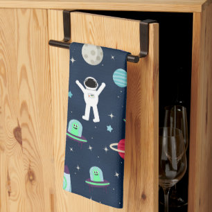 Astronauts Planets Rockets and Aliens Tea Towel