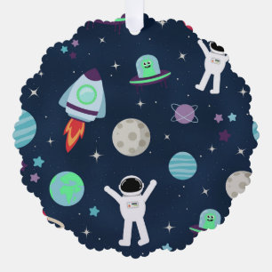 Astronauts Planets Rockets and Aliens Tree Decoration Card