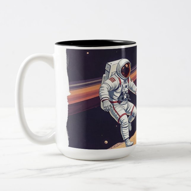 Astronauts Playing Soccer in Outer Space Two-Tone Coffee Mug (Left)