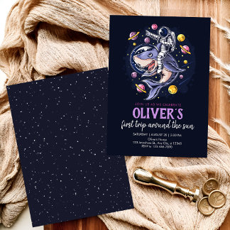 Astronauts ride a shark in space with the planets  invitation