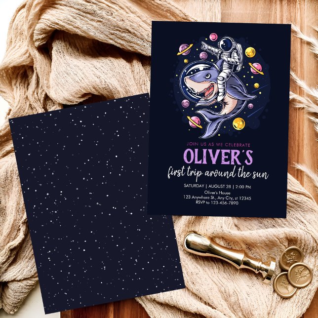 Astronauts ride a shark in space with the planets  invitation (Creator Uploaded)