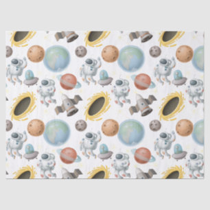Astronauts, Rockets and Planets on White Decoupage Tissue Paper