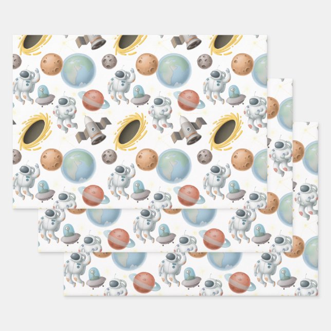 Astronauts, Rockets and Planets on White Wrapping Paper Sheet (Set)