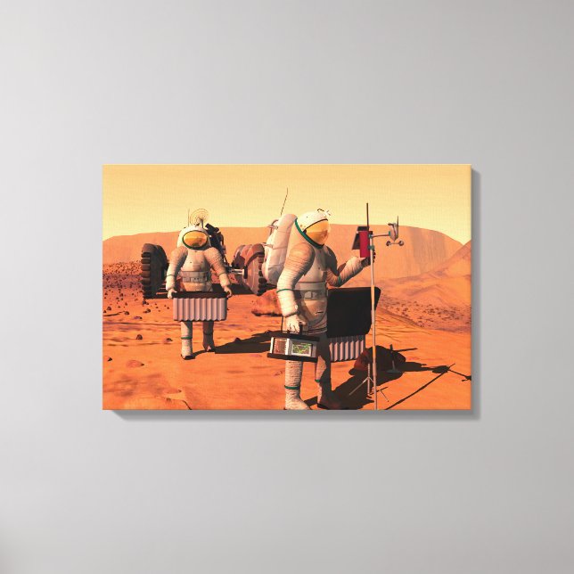 Astronauts Setting Up Weather Equipment On Mars. Canvas Print (Front)