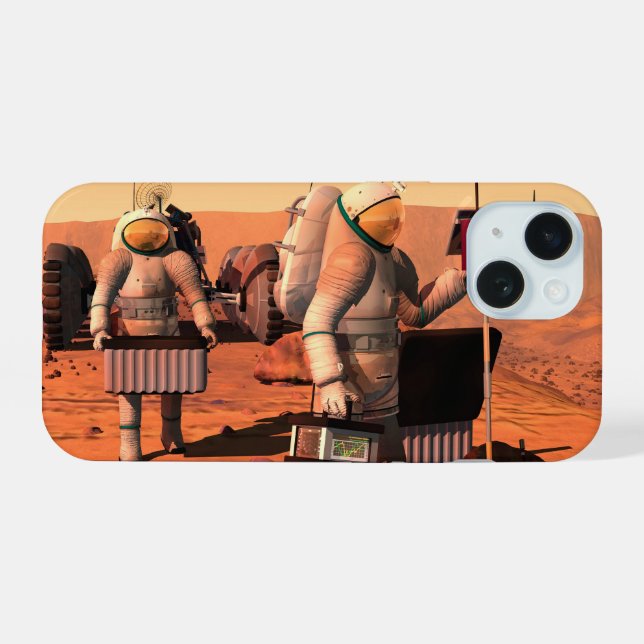 Astronauts Setting Up Weather Equipment On Mars. iPhone 15 Case (Back Horizontal)