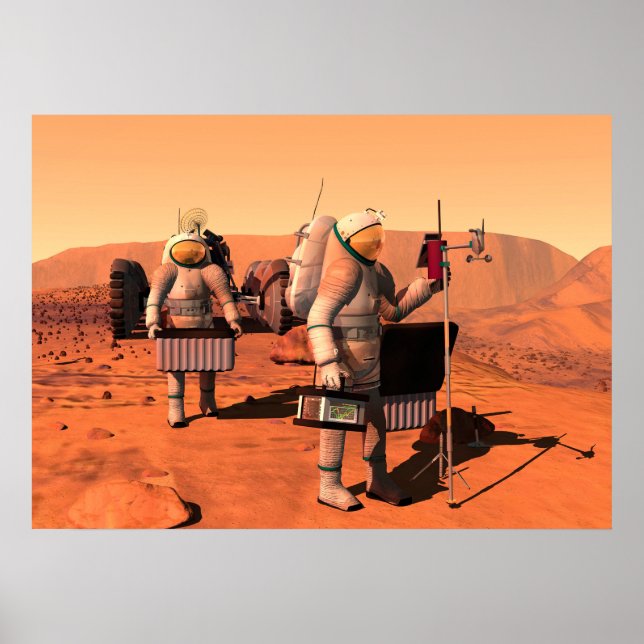 Astronauts Setting Up Weather Equipment On Mars. Poster (Front)