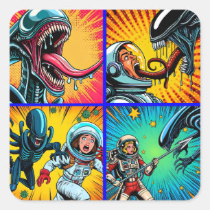 Astronauts vs Alien Pop Art Square Sticker