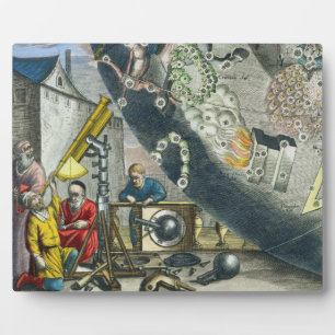 Astronomers looking through a telescope, detail fr plaque