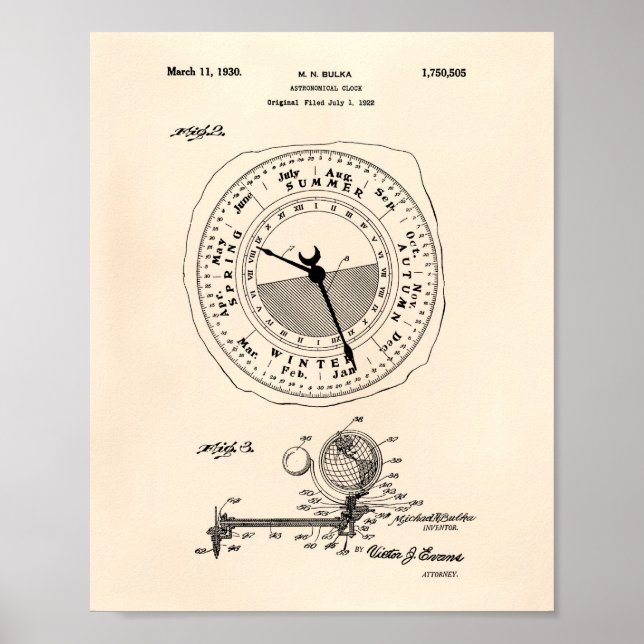 Astronomical Clock 1922 Patent Art Old Peper Poster (Front)